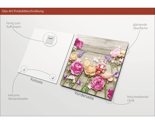 Glasbild mit Blumenmotiv auf Holzoptik, inklusive Aufhängung und Abstandshalter