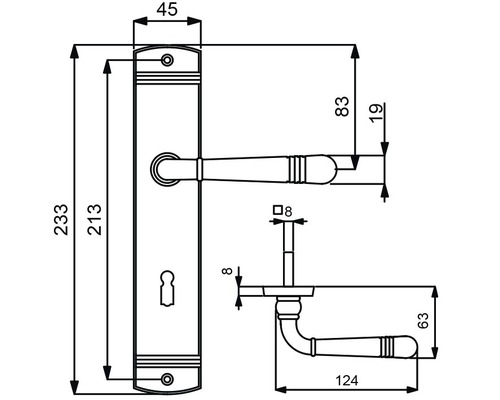 Technische Zeichnung eines Türgriffs mit Maßangaben