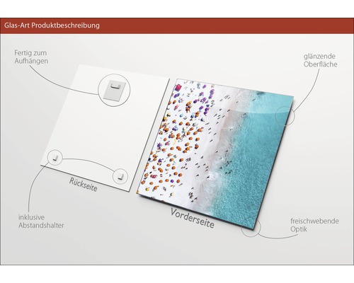 Glasbild mit Strandmotiv, inklusive Wandhalterung