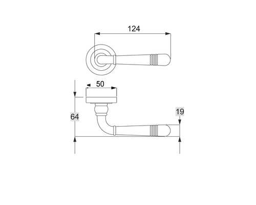 Technische Zeichnung eines Türgriffs mit Maßangaben