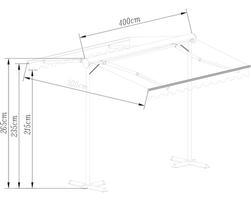 Technische Zeichnung einer Markise mit den Maßen 400 mal 300 Zentimeter und einer Höhe von 215 bis 265 Zentimeter.