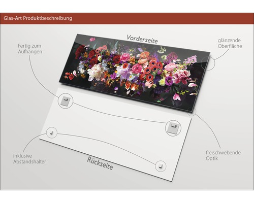 Glasbild mit Blumenmotiv, glänzender Oberfläche, inklusive Abstandshalter zur schwebenden Optik, fertig zum Aufhängen, Vorder- und Rückseite dargestellt
