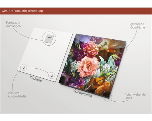 Glasbild mit Blumenmotiv, inklusive Wandhalterung