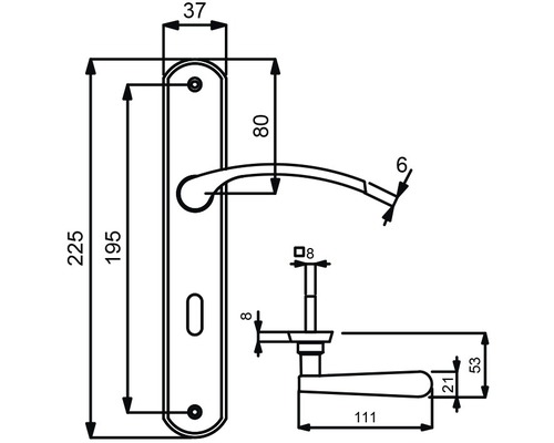 Technische Zeichnung eines Türgriffs mit Maßangaben