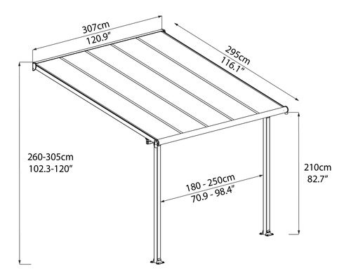Technische Zeichnung einer Terrassenüberdachung mit Maßangaben