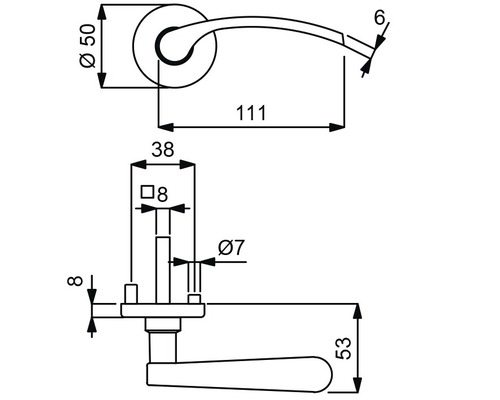 Technische Zeichnung eines Türgriffs mit Maßangaben