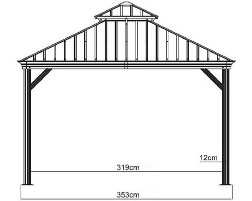 Abmessungen eines Pavillons mit einer Breite von 319 cm und einer Tiefe von 353 cm