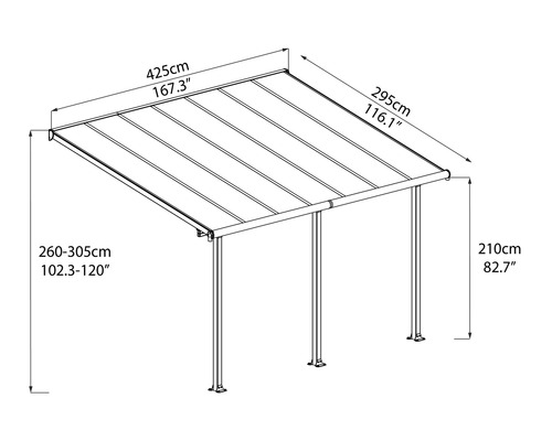 Technische Zeichnung einer Terrassenüberdachung mit Maßangaben