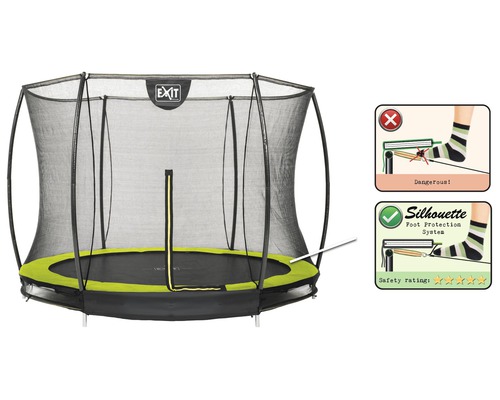 EXIT Silhouette Trampolin mit Sicherheitsnetz und Hinweisen zur Fußsicherheit