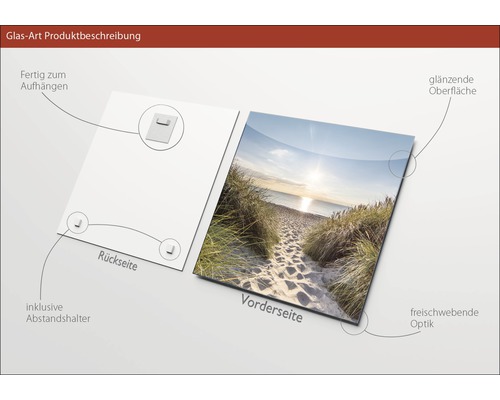 Produktbeschreibung Glasbild mit Motiv Strand, inklusive Abstandshalter und Aufhängevorrichtung