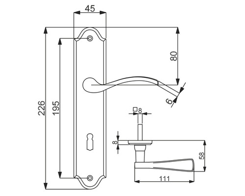 Technische Zeichnung einer Türgarnitur mit Maßen