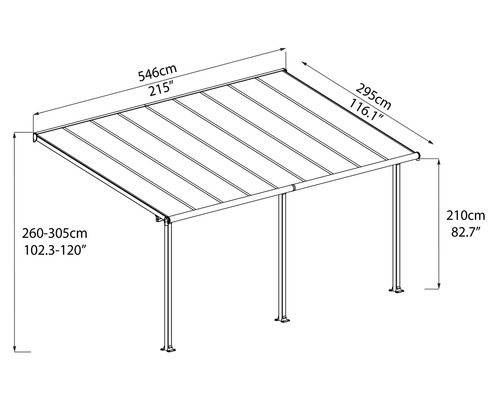 Technische Zeichnung einer Terrassenüberdachung mit Breiten-, Höhen- und Tiefenangaben.