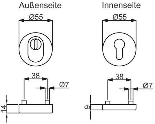 Technische Zeichnung Außenseite und Innenseite Türbeschlag mit Maßangaben