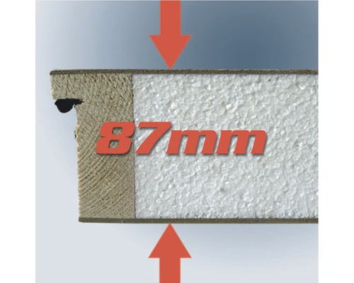 Dämmplatte im Querschnitt mit der Angabe 87 mm Dicke