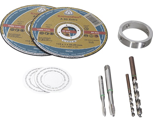 Zwei Trennscheiben, ein Metallring, zwei Gewindebohrer und zwei Spiralbohrer.