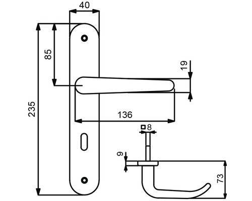 Technische Zeichnung eines Türdrückers mit Maßangaben