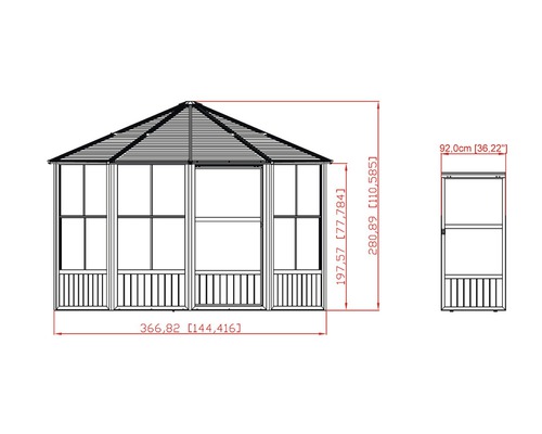 Maße des Pavillons als technische Zeichnung dargestellt.