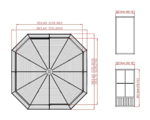 Technische Zeichnung eines Pavillons mit Maßangaben