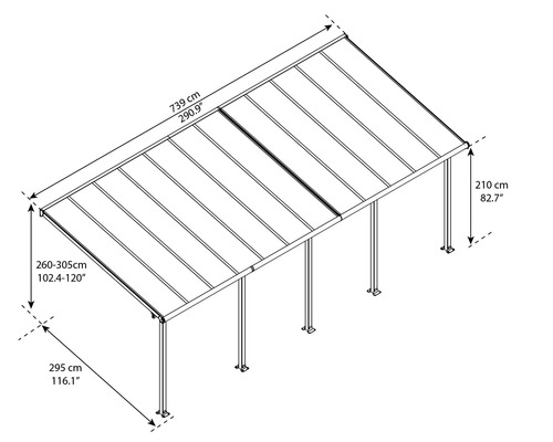 Maßzeichnung eines Carports mit Breiten-, Höhen- und Tiefenangaben
