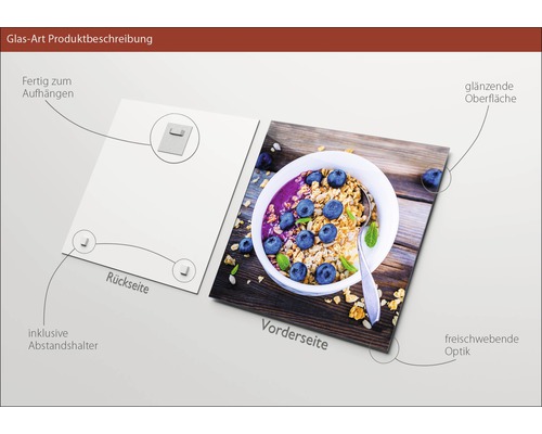 Glasbild mit Aufhängevorrichtung, Abstandshalter, glänzender Oberfläche und schwebender Optik