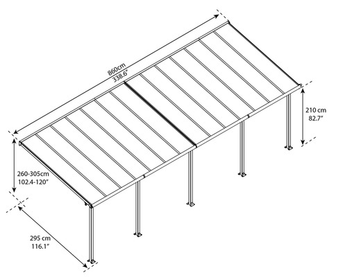 Technische Zeichnung einer Terrassenüberdachung mit Maßangaben