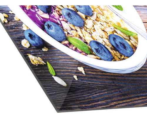 Acrylglasbild mit Müslischale, Blaubeeren und Minze