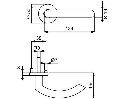 Technische Zeichnung eines Türgriffs mit Maßangaben.