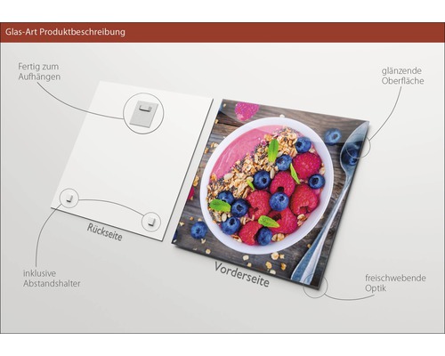 Glasbild mit Smoothie-Motiv, inklusive Abstandshalter und Aufhängung