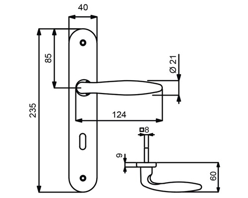 Technische Zeichnung eines Türgriffs mit Maßangaben