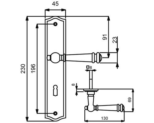 Technische Zeichnung eines Türdrückersets mit Langschild und Abmessungen