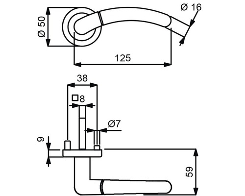 Technische Zeichnung einer Türklinke mit Maßangaben