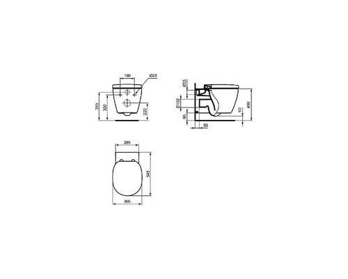 Technische Zeichnung eines Wand-WCs mit Maßangaben