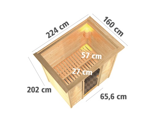 Abmessungen einer Holzsauna mit Höhen-, Breiten- und Tiefenangaben in Zentimetern.