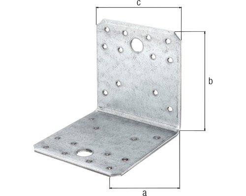 Winkelverbinder aus Metall mit Bohrungen und den Maßen a, b und c.