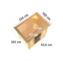 Massivholzsauna Karibu Sonja inkl. 9 kW Bio Ofen u.ext.Steuerung mit Dachkranz und bronzierter Ganzglastüre