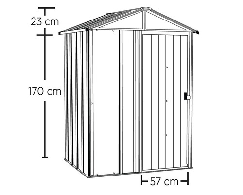 Zeichnung eines Gerätehauses mit den Maßen 170 cm Höhe, 57 cm Tiefe und 23 cm Dachhöhe.