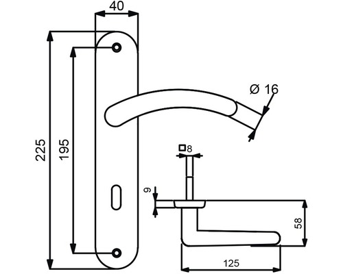 Technische Zeichnung eines Türgriffs mit Maßangaben