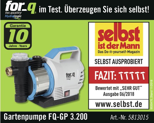 Gartenpumpe FQ-GP 3.200 mit 10 Jahren Garantie und Selbst ist der Mann Auszeichnung