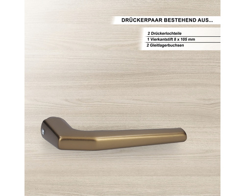 Türdrücker-Garnitur bestehend aus zwei Drückerlochteilen, einem Vierkantstift 8 x 105 Millimeter und zwei Gleitlagerbuchsen