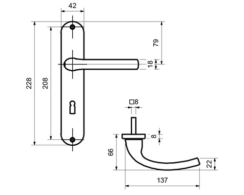 Technische Zeichnung eines Türgriffs mit Maßangaben