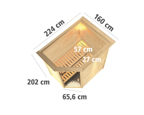 Draufsicht einer Sauna mit den Maßen 224 cm, 160 cm, 202 cm, 65,6 cm, 57 cm und 27 cm.