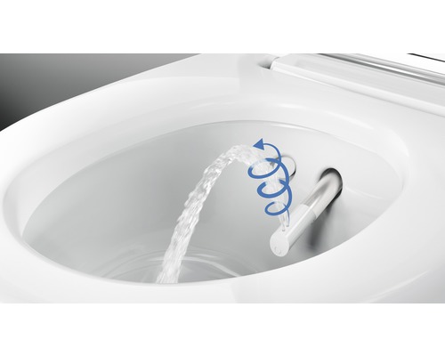 Nahaufnahme einer Toilette mit Bidetfunktion, bei der ein Wasserstrahl aus einer Düse kommt