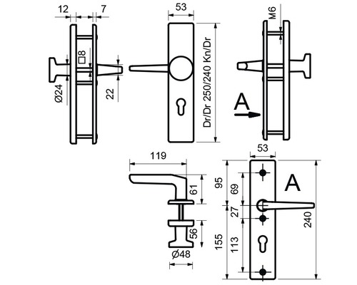 Technische Zeichnung eines Türgriffs mit Maßangaben
