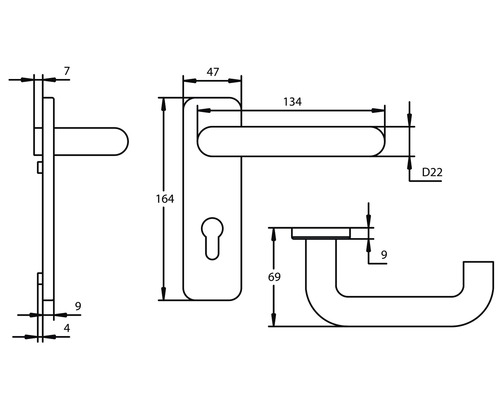 Technische Zeichnung eines Türdrückers mit Maßangaben