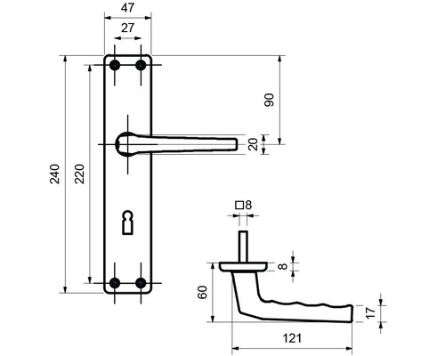 Technische Zeichnung einer Türdrückergarnitur mit Maßangaben