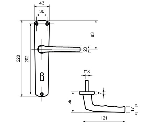 Technische Zeichnung eines Türgriffs mit Maßen