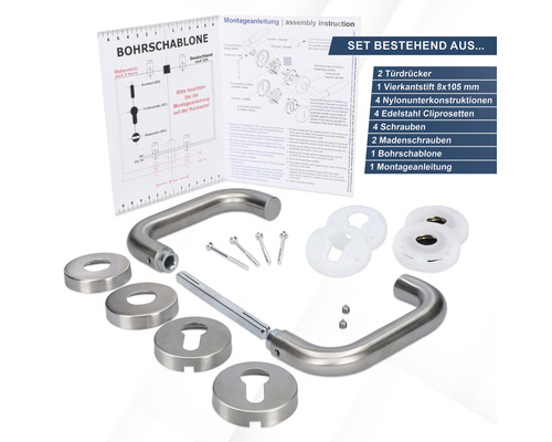 Edelstahl Türdrücker Garnitur mit Montageanleitung und Zubehör