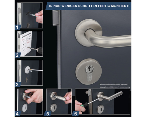 Montageanleitung für eine Türgarnitur in sechs Schritten.