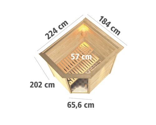 Draufsicht einer Ecksauna mit den Maßen 224 cm, 184 cm, 202 cm, 57 cm und 65,6 cm.