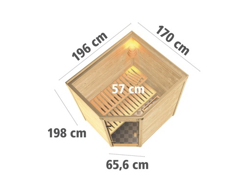 Draufsicht einer Ecksauna mit den Maßen 196 cm, 170 cm, 198 cm, 57 cm und 65,6 cm